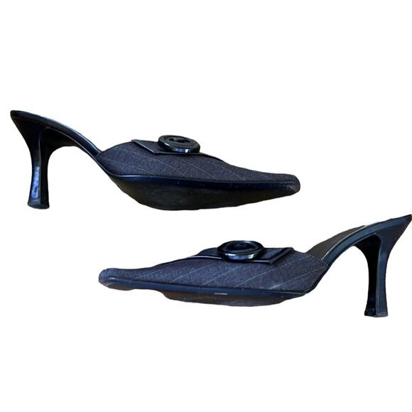 Nolan Belk Black Striped Large Button “Zachary” Fabric Upper Mules - Picture 1 of 11